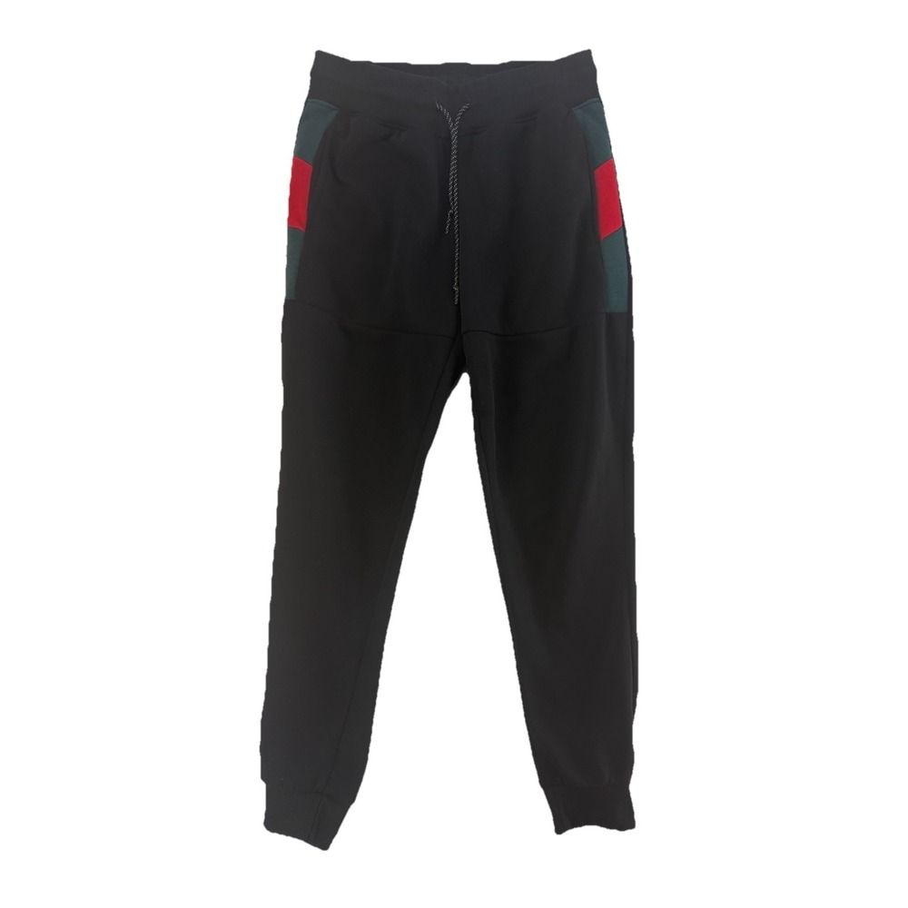 Men's Black Cotton Joggers Sweat Pants Size Large Drawstring Red Green Pockets